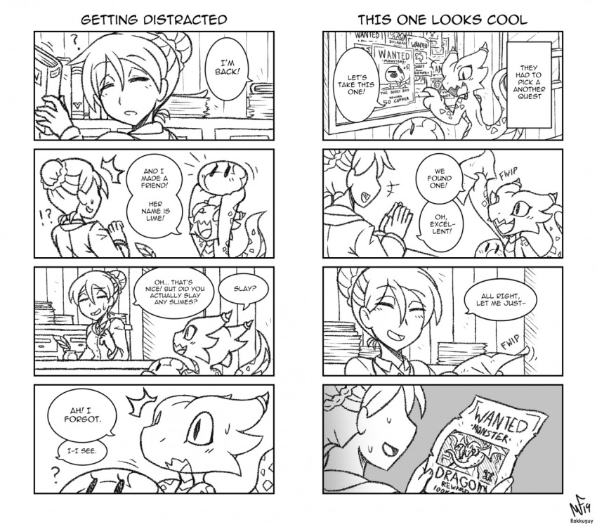 2019 4koma ? ?! ambiguous_gender book clothing coal_(rakkuguy) comic english_text eyes_closed feathers female group human inside kobold lime_(rakkuguy) loose_feather mammal onomatopoeia open_mouth poster quill rakkuguy scalie shocked smile sound_effects speech_bubble sweat sweatdrop text tied_hair tongue