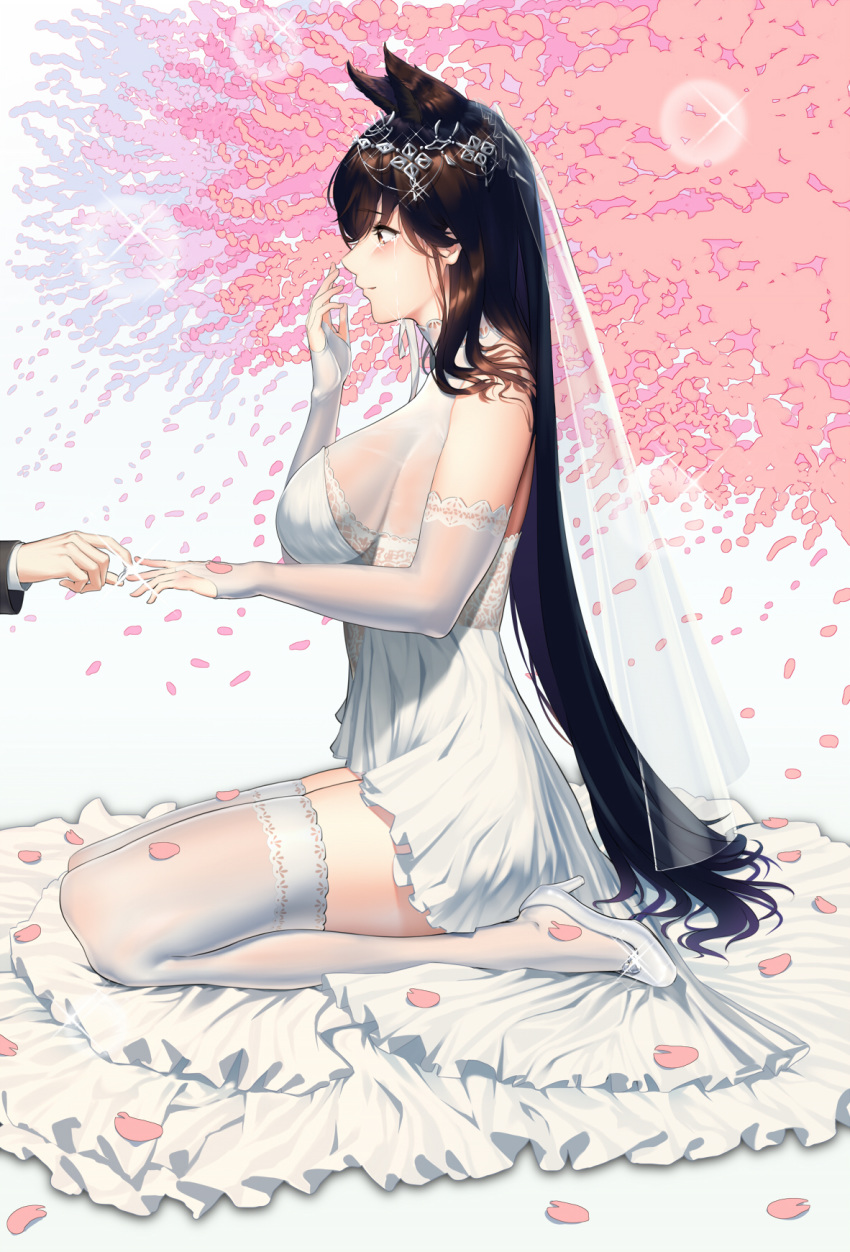 1girl animal_ears atago_(azur_lane) azur_lane baiyin bangs bare_shoulders breasts bridal_veil bride brown_eyes brown_hair closed_mouth crying crying_with_eyes_open dress elbow_gloves extra_ears eyebrows_visible_through_hair falling_petals from_side gloves hand_up high_heels highres jewelry lace lace-trimmed_legwear large_breasts long_hair petals ring seiza shiny sideboob sitting swept_bangs tears thighhighs thighs veil wedding_dress white_dress white_footwear