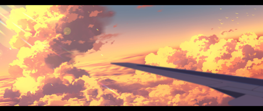 airplane_wing cloud cloudy_sky highres letterboxed light_rays no_humans original outdoors scenery sennotane sky sunbeam sunlight sunset