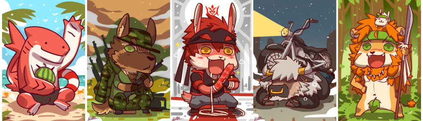 absurd_res anthro assault_rifle bovid bovine canid canine canis cattle chibi command_seals domestic_dog facial_piercing fate_(series) felid fish fur german_shepherd gun herding_dog hi_res holding_object holding_weapon lagomorph leaf_censor leporid lion male mammal marine melee_weapon motorcycle nose_piercing nose_ring nude pantherine piercing polearm rabbit rabbity ranged_weapon red_fur rifle shark smile spear sweat vehicle weapon