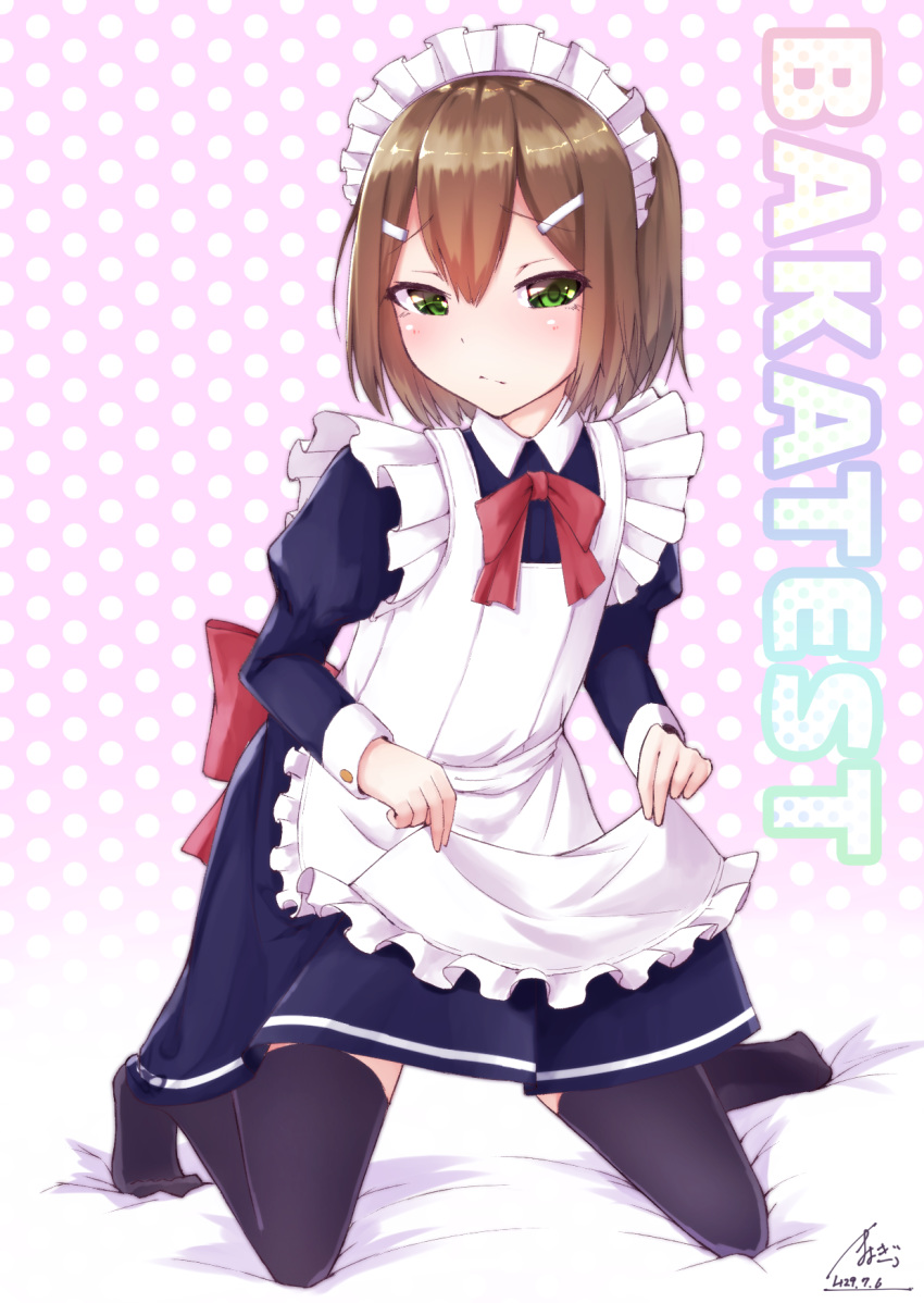 1boy apron baka_to_test_to_shoukanjuu black_legwear blush brown_hair crossdressing green_eyes hair_ornament hairclip hard_translated highres kinoshita_hideyoshi looking_at_viewer maid maid_headdress male_focus mayogii thighhighs translated trap