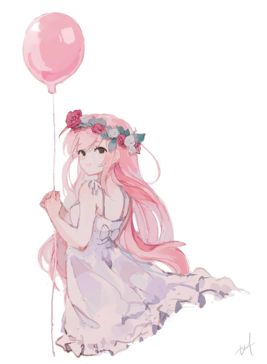 1girl absurdres alternate_hairstyle balloon bangs bow dress flower from_behind head_wreath highres hyde_(hai-do) just_be_friends_(vocaloid) long_hair looking_at_viewer looking_back megurine_luka pink_hair ribbon simple_background smile solo string vocaloid white_background white_dress