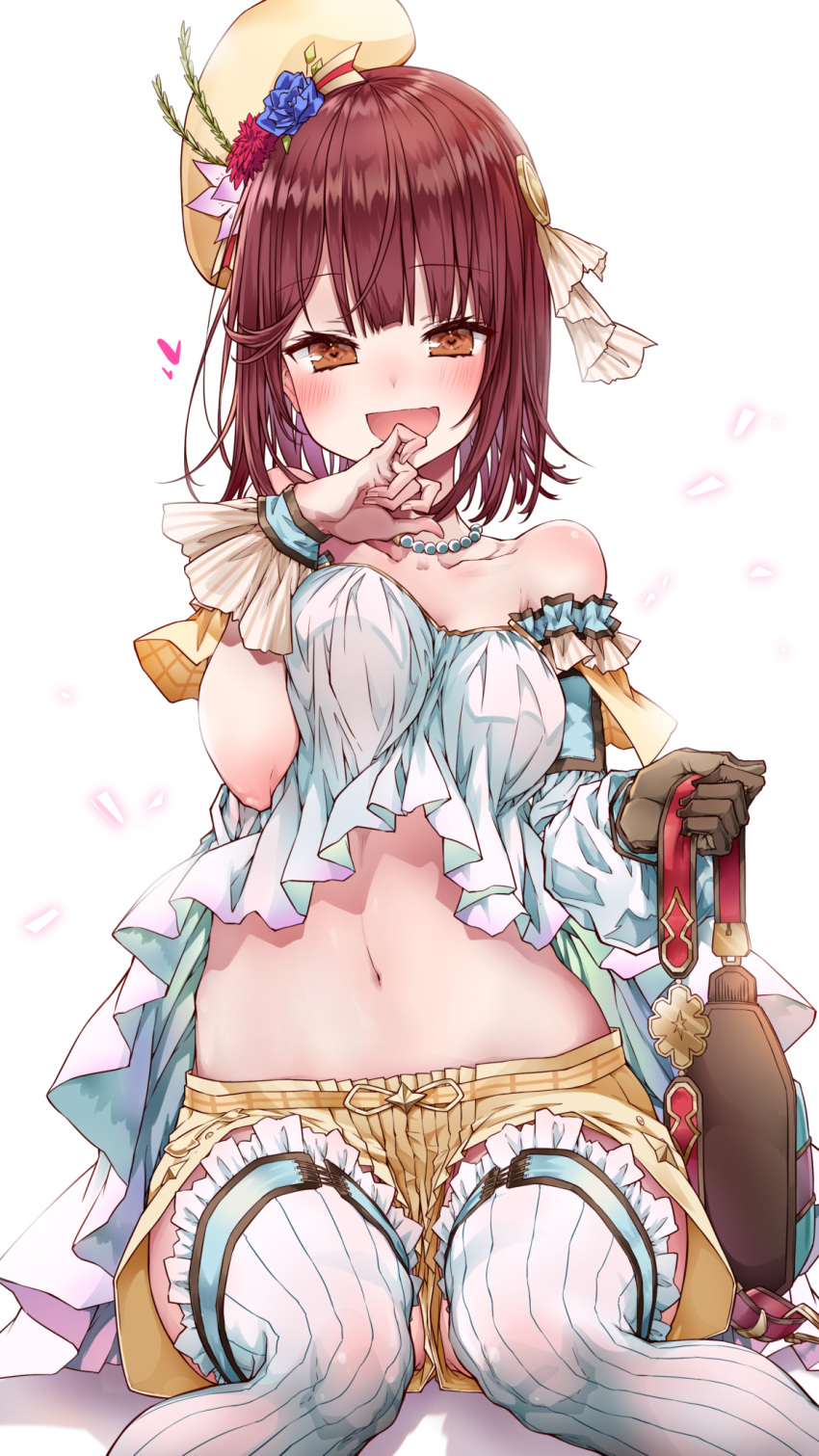 1girl :d alt asymmetrical_gloves atelier_(series) atelier_sophie bare_shoulders blue_flower blush breasts brown_eyes brown_gloves brown_hair collarbone crop_top detached_sleeves eyebrows_visible_through_hair finger_to_mouth flower frilled_legwear gloves hair_ornament hat hat_flower heart highres holding_strap jewelry looking_at_viewer medium_breasts midriff navel necklace open_mouth pink_flower pinky_to_mouth red_flower shiny shiny_hair short_hair short_shorts shorts sitting smile solo sophie_neuenmuller standing standing_on_one_leg stomach strapless thigh_strap thighhighs white_background white_legwear wrist_cuffs yellow_headwear