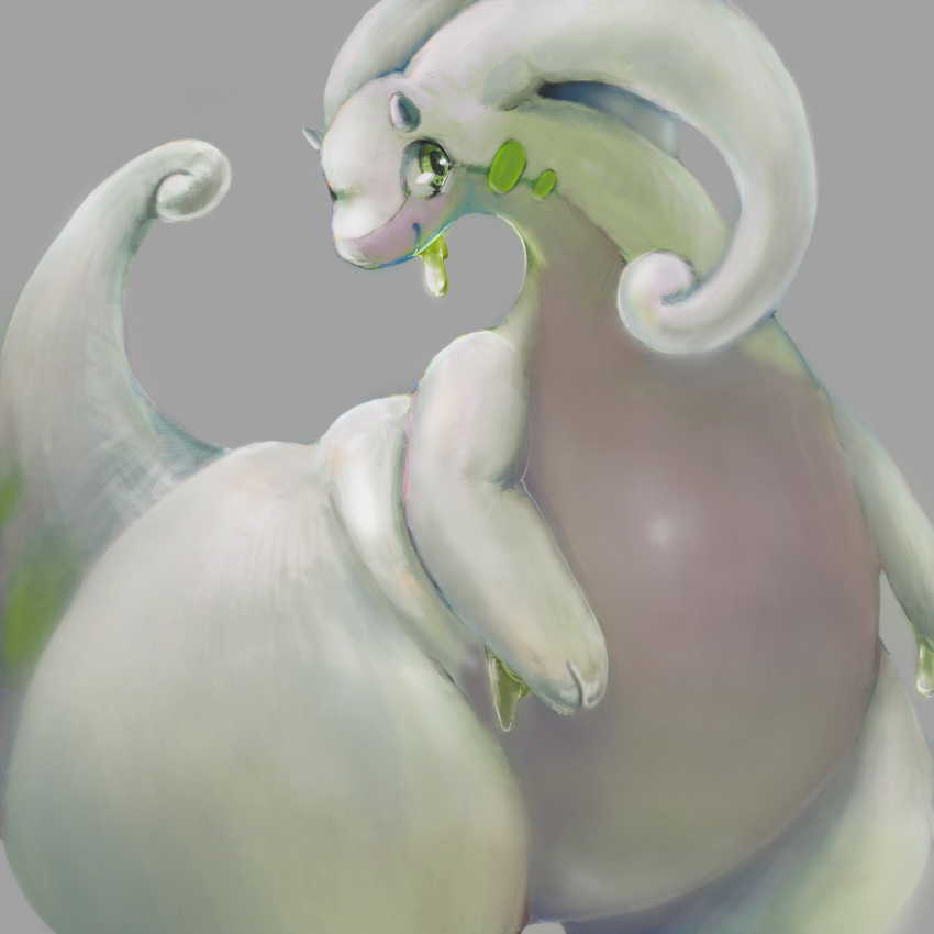 1:1 ambiguous_gender belly big_belly goodra green_eyes grey_background hi_res horn kemonoduki looking_at_viewer nintendo overweight pok&eacute;mon pok&eacute;mon_(species) simple_background slime smile thick_thighs video_games wide_hips