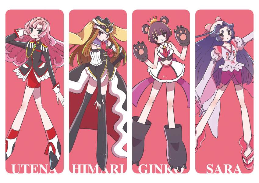 4girls animal_ears azuma_sara bear_ears bike_shorts black_footwear black_gloves brown_hair character_name color_connection creator_connection crown detached_sleeves epaulettes fingerless_gloves gloves hat highres long_hair mawaru_penguindrum mini_crown multiple_girls paw_boots paw_gloves paws pink_background pink_hair purple_hair red_neckwear red_shorts sarazanmai see-through shorts shoujo_kakumei_utena simple_background takakura_himari tenjou_utena yuri_kuma_arashi yurishiro_ginko