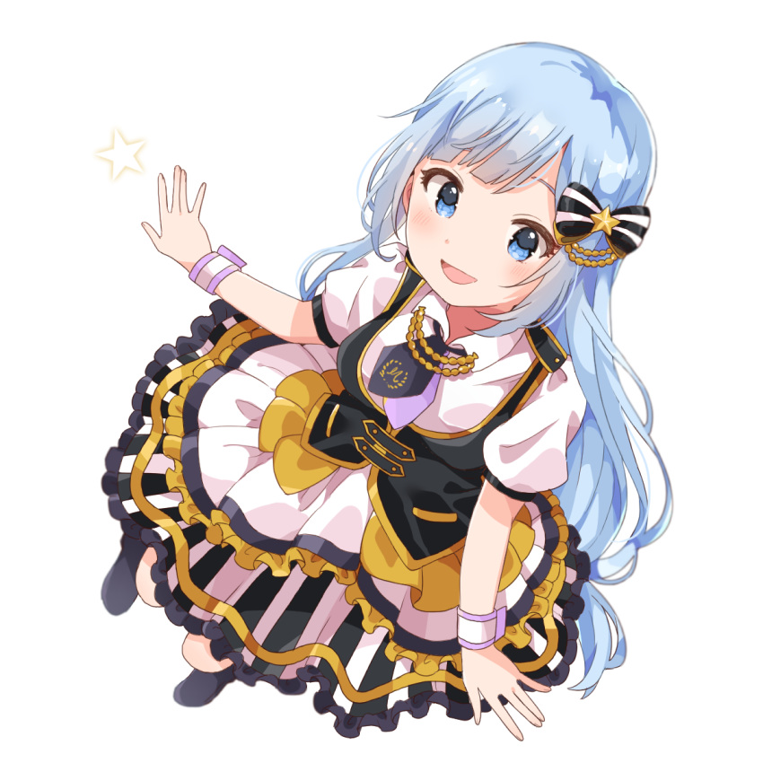 1girl bangs black_ribbon black_skirt black_vest blue_eyes blunt_bangs blush eyebrows eyebrows_behind_hair from_above hair_ornament hair_ribbon highres idolmaster idolmaster_million_live! idolmaster_million_live!_theater_days light_blue_hair long_hair mokuharu necktie open_mouth ribbon shiraishi_tsumugi skirt smile smile_face striped striped_ribbon striped_skirt vest white_ribbon white_skirt