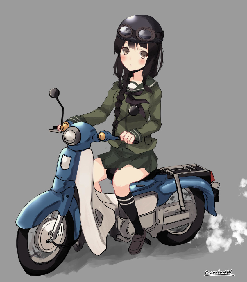 1girl absurdres bangs black_hair black_neckwear blunt_bangs braid full_body goggles goggles_on_head green_serafuku green_skirt grey_background ground_vehicle helmet highres kantai_collection kitakami_(kantai_collection) long_hair momiji_(103) moped motor_vehicle neckerchief pleated_skirt riding school_uniform serafuku sidelocks simple_background single_braid skirt smoke solo