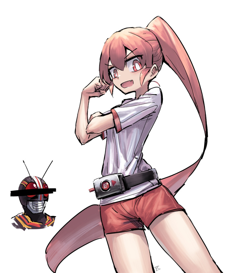 1girl bar_censor belt censored chunk-san fang gym_uniform highres identity_censor kamen_rider kamen_rider_black kamen_rider_black_(series) long_hair looking_at_viewer orange_eyes orange_hair ponytail pose short_shorts shorts ueno-san_wa_bukiyou ueno_(ueno-san_wa_bukiyou) very_long_hair white_background