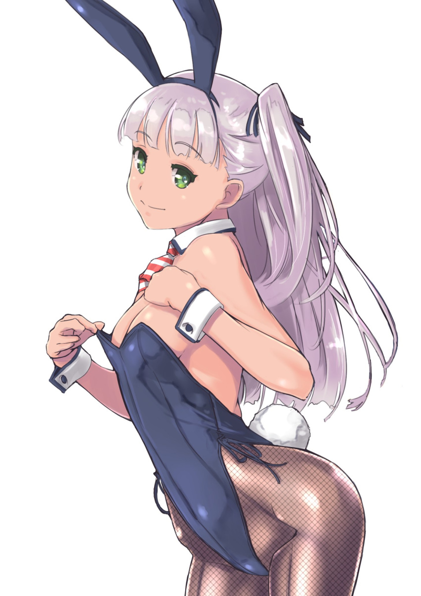 alternate_costume animal_ears bangs bare_shoulders blunt_bangs breasts bunny_ears bunny_tail bunnysuit cleavage cowboy_shot cuffs eyebrows_visible_through_hair from_side green_eyes highres kantai_collection long_hair looking_at_viewer maestrale_(kantai_collection) nenchi one_side_up sideboob silver_hair simple_background small_breasts smile striped striped_neckwear tail white_background