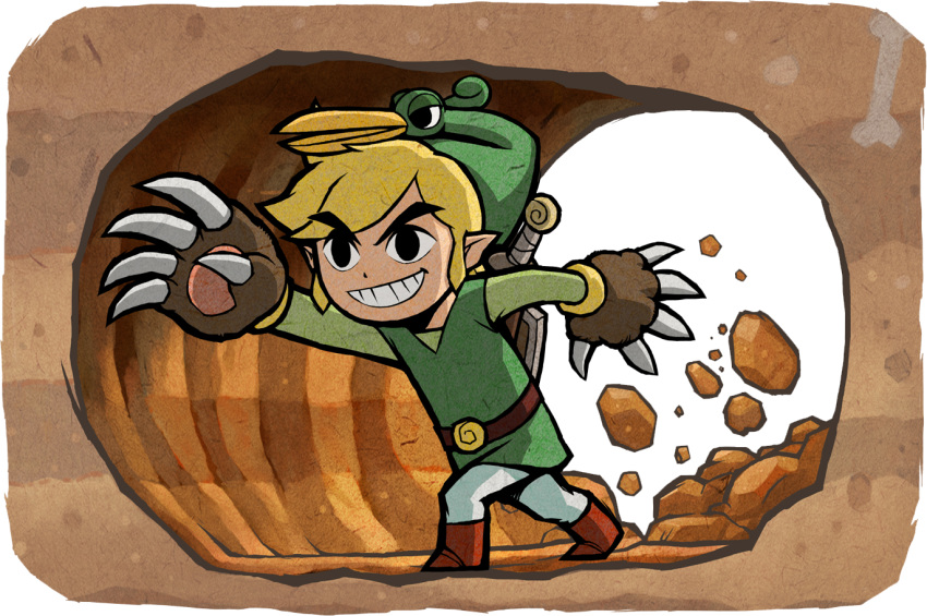 beak belt blonde_hair boots claws digging dirt dirt_pile eyebrows ezlo green_hat green_shirt green_tunic highres link mole_mitts nintendo official_art pointy_ears rock sheathed_sword shield sword teeth the_legend_of_zelda the_legend_of_zelda:_the_minish_cap toon_link tunnel underground white_pants