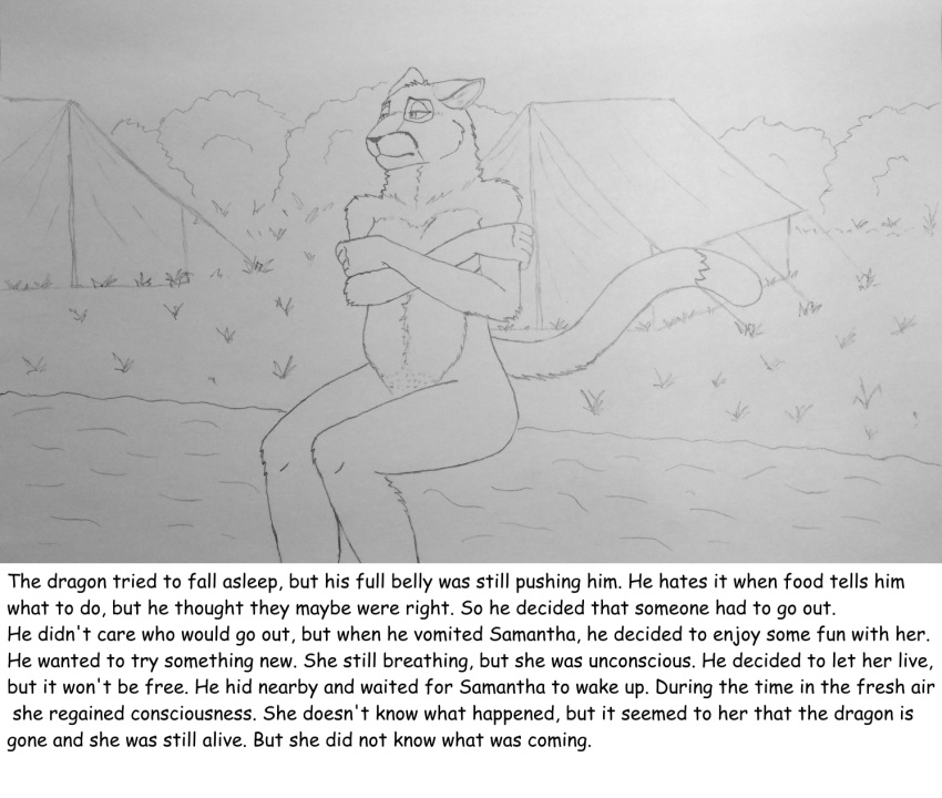 anthro cougar english_text felid feline female forest hi_res invalid_tag mammal nude outside sad samantha sketch terrenbrook text tree