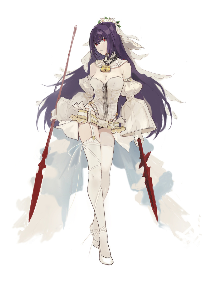 1girl belt breasts bridal_veil chains cleavage cosplay detached_sleeves dual_wielding fate/extra fate/extra_ccc fate/grand_order fate_(series) frown gae_bolg garter_straps gloves hair_intakes high_heels highres holding holding_weapon large_breasts lock long_hair looking_at_viewer nero_claudius_(bride)_(fate) nero_claudius_(bride)_(fate)_(cosplay) nero_claudius_(fate)_(all) padlock puffy_sleeves purple_hair ravie red_eyes scathach_(fate)_(all) scathach_(fate/grand_order) simple_background solo veil weapon white_background wide_sleeves wreath zipper