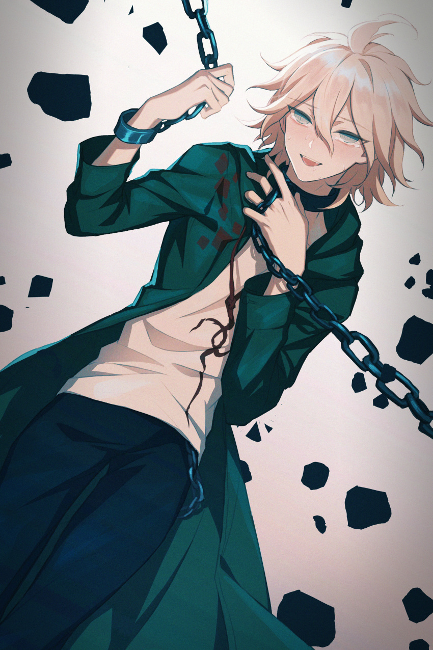 1boy absurdres ahoge chain chained chains collar commentary_request danganronpa elue5768 eyebrows_visible_through_hair green_jacket grey_eyes hair_between_eyes highres hood hooded_jacket hoodie huge_filesize jacket komaeda_nagito long_jacket long_sleeves male_focus medium_hair messy_hair pants shirt solo super_danganronpa_2 tearing_up white_hair white_shirt