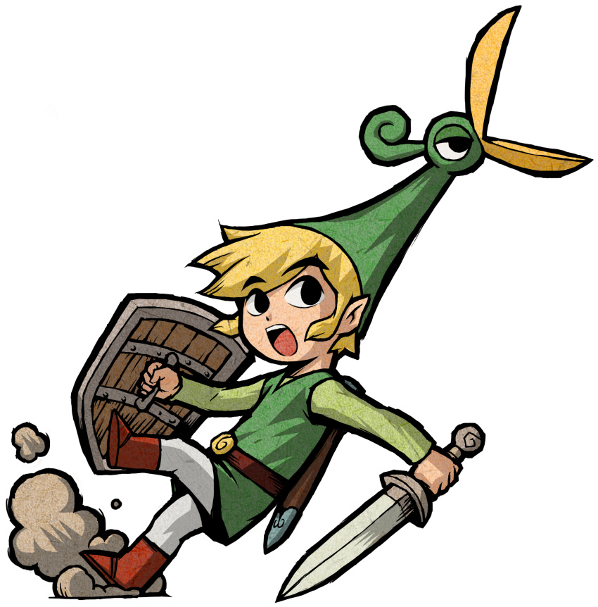 beak belt blonde_hair boots dust_cloud eyebrows ezlo green_hat green_shirt green_tunic highres holding holding_shield holding_sword holding_weapon link looking_back male mouth_open nintendo official_art pointy_ears pulling shield sword the_legend_of_zelda the_legend_of_zelda:_the_minish_cap toon_link tunic white_pants