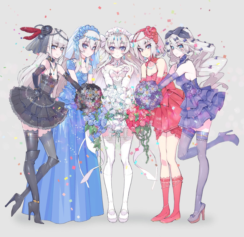 5girls black_legwear blue_dress blue_eyes boots bouquet bow chaika_bogdan chaika_kamaz chaika_trabant dress earrings elbow_gloves fingerless_gloves flower garter_straps gloves hair_bow hair_flower hair_ornament hairband high_heel_boots high_heels highres hitsugi_no_chaika jewelry layla_(hitsugi_no_chaika) long_hair multiple_girls namaniku_atk necklace official_art purple_dress purple_legwear red_dress thigh_boots thighhighs veil viivi_holopainen white_dress white_hair white_legwear