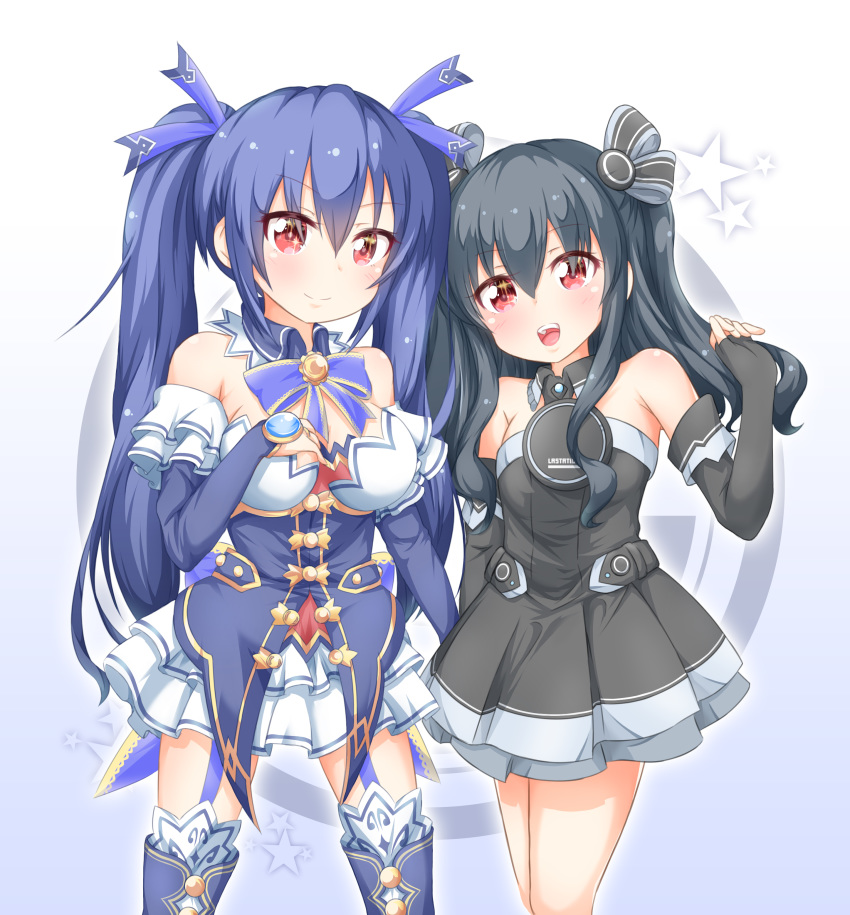2girls :d absurdres bare_shoulders black_dress black_footwear black_hair blush boots breasts detached_collar detached_sleeves dress elbow_gloves fingerless_gloves garter_straps gloves hair_ribbon hand_up highres long_hair looking_at_viewer medium_breasts moesode_i multiple_girls neptune_(series) noire open_mouth red_eyes ribbon siblings sisters skirt small_breasts smile sparkling_eyes star starry_background thigh_boots thighhighs twintails two_side_up uni_(neptune_series) upper_teeth very_long_hair white_legwear white_skirt