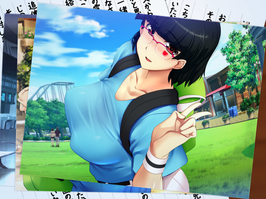 1girl amagasahigasa bag black_hair blue_shirt boku_no_tsuma_no_cg_shuu breasts clouds day freckles glasses grass happy highres large_breasts looking_at_viewer medium_hair original outdoors parted_lips photo_(object) puffy_nipples red_eyes shirt sky smile solo standing tattoo trees upper_body v