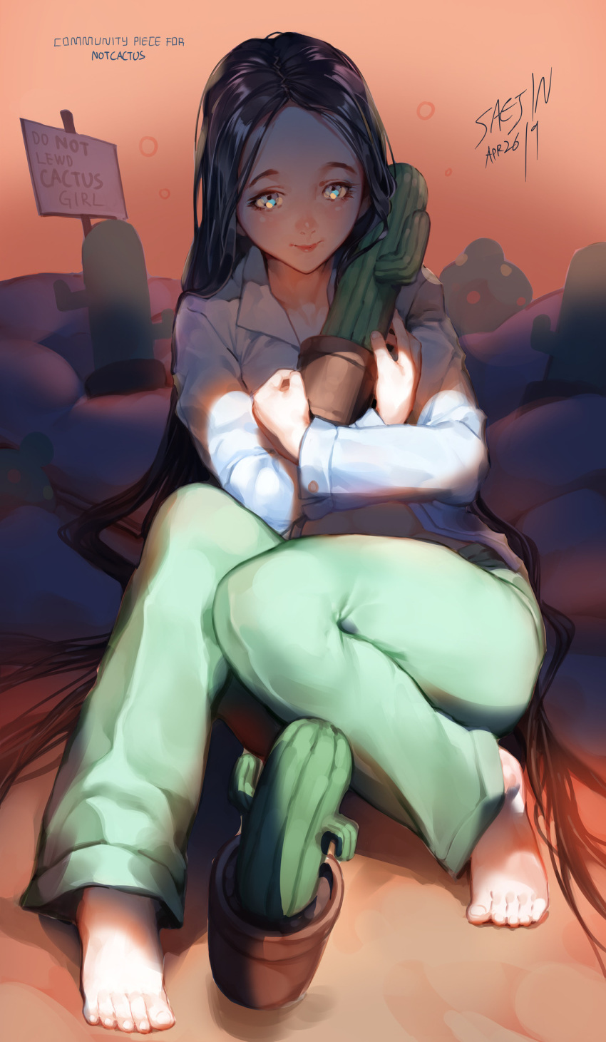 1girl barefoot black_hair blue_eyes blue_shirt cactus collared_shirt dated green_pants highres long_hair long_sleeves looking_at_viewer original pants plant potted_plant saejin_oh shirt sign signature sitting smile solo very_long_hair