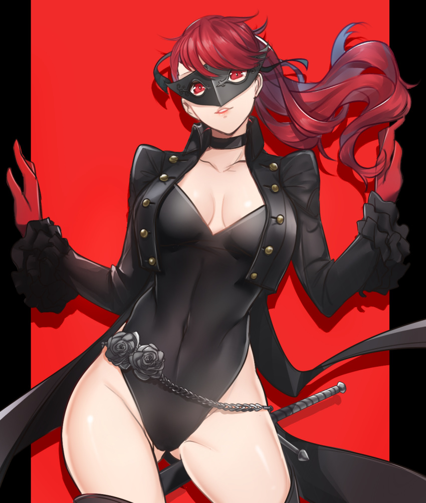 1girl black_border black_choker black_flower black_legwear black_leotard black_rose border breasts buttons chains choker coattails commentary cropped_jacket english_commentary flower frilled_sleeves frills gloves hair_ribbon highres juliet_sleeves leotard long_hair long_sleeves mask medium_breasts persona persona_5 persona_5_the_royal puffy_sleeves red_background red_eyes red_gloves red_hair ribbon rose scabbard shadow sheath shrug smile solo sword thighhighs tusia two-tone_background weapon yoshizawa_kasumi