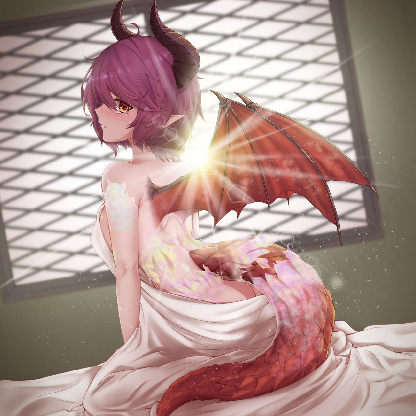 1girl ass backlighting bare_back bare_shoulders blurry blush breasts butt_crack closed_mouth commentary_request day depth_of_field dragon_girl dragon_horns dragon_tail dragon_wings dutch_angle from_side frown granblue_fantasy grea_(shingeki_no_bahamut) highres horns indoors kneeling leaning_forward lens_flare light_rays looking_at_viewer looking_to_the_side lux_(pixiv4480548) manaria_friends medium_breasts naked_sheet nose_blush orange_eyes pointy_ears profile purple_hair scales short_hair sideboob sideways_glance skinning solo sparkle spikes sunbeam sunlight tail window wings