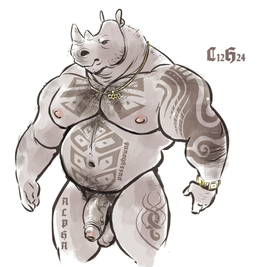 2019 alternate_version_at_source anthro arm_hair balls biceps body_hair chest_hair clock dramamine english_text flaccid gold_necklace hi_res horn humanoid_penis jewelry male mammal mature_male muscular muscular_male navel necklace nipples nude pecs penis pubes rhinocerotoid simple_background solo tattoo text uncut watch white_background