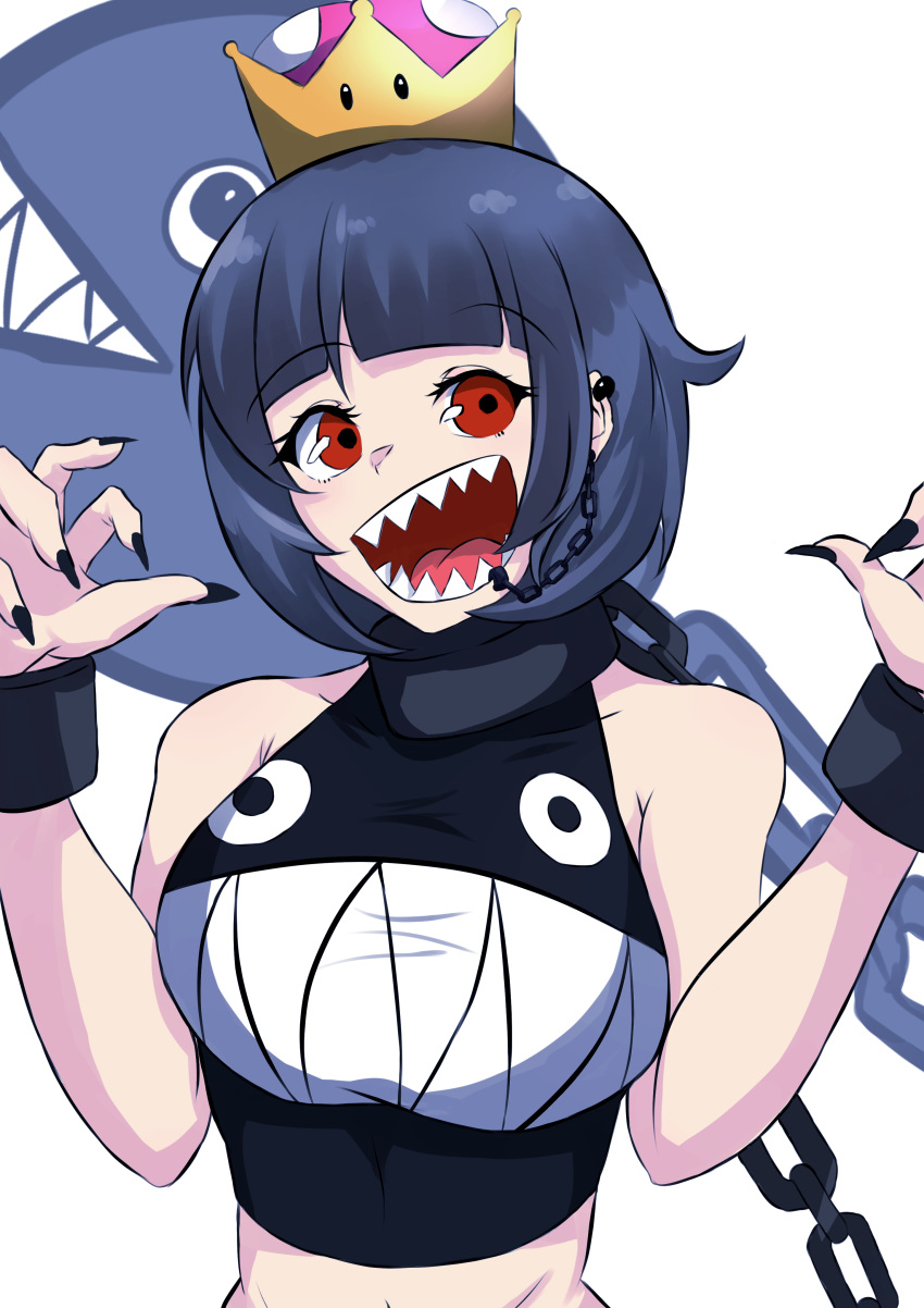 1girl absurdres black_hair black_nails bob_cut breasts chain_chomp chains cuffs ear_piercing fingernails highres lip_piercing looking_at_viewer mario_(series) midriff nail_polish new_super_mario_bros._u_deluxe nintendo open_mouth piercing princess_chain_chomp red_eyes shackles sharp_fingernails sharp_teeth sleeveless super_crown teeth yamada_ason