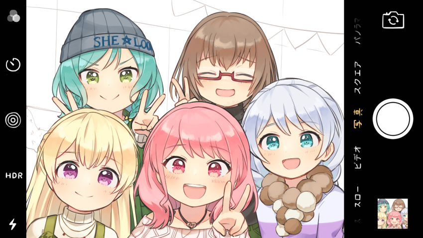 &gt;:) 5girls :d ^_^ aqua_hair bang_dream! bd_ayknn beanie black_headwear blonde_hair blue_eyes braid brown_hair cellphone cellphone_camera closed_eyes double_v eyes_closed fake_screenshot glasses green_eyes group_picture half_updo hat headwear_writing hikawa_hina long_hair long_sleeves looking_at_viewer maruyama_aya multiple_girls open_mouth pastel_palettes phone phone_screen pink_eyes pink_hair purple_eyes red-framed_eyewear semi-rimless_eyewear shirasagi_chisato short_hair smile sweater twin_braids under-rim_eyewear upper_body v wakamiya_eve white_hair white_sweater yamato_maya