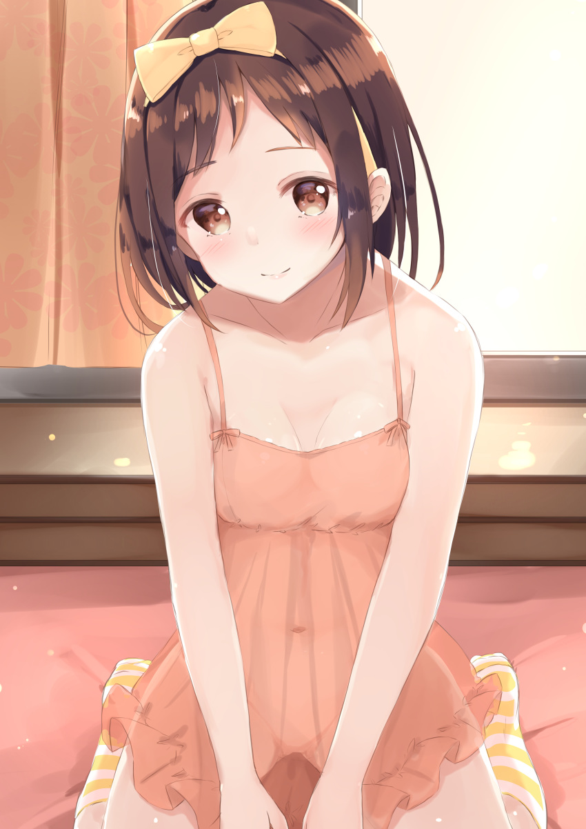 1girl absurdres bang_dream! blush bob_cut bottomless bow breasts brown_eyes brown_hair chemise cleavage collarbone commentary_request curtains hair_bow hazawa_tsugumi highres indoors lingerie looking_at_viewer navel orange_chemise see-through short_hair sitting small_breasts smile socks solo striped striped_legwear tomura2maru underwear wariza yellow_bow yellow_legwear