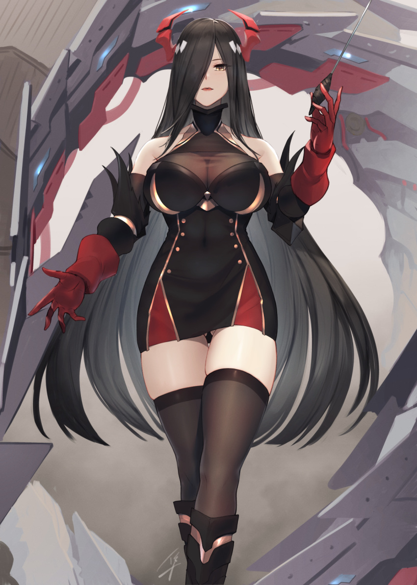 1girl azur_lane bangs bare_shoulders baton_(instrument) black_dress black_hair black_legwear breasts cleavage dress friedrich_der_grosse_(azur_lane) gloves gluteal_fold hair_over_one_eye hayabusa highres holding horns large_breasts long_hair looking_at_viewer machinery open_mouth red_gloves red_horns revision rigging see-through short_dress signature sleeveless sleeveless_dress solo thighhighs very_long_hair walking yellow_eyes