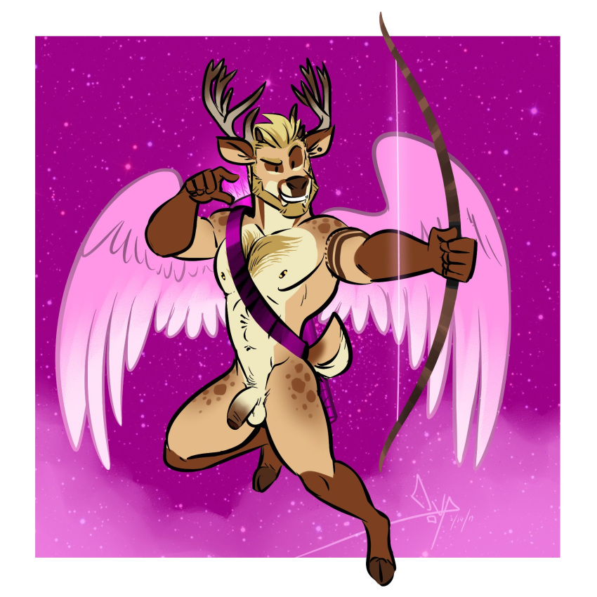 1:1 2019 anthro antlers balls beard bgn biceps blonde_hair body_hair bow_(weapon) bulky_buck cervid cervine chest_hair cloven_hooves facial_hair feathered_wings feathers flaccid hair hi_res holidays hooves horn humanoid_penis male mammal muscular muscular_male navel nipple_piercing nipples pecs penis piercing ranged_weapon sash smile solo tattoo uncut valentine's_day weapon wings