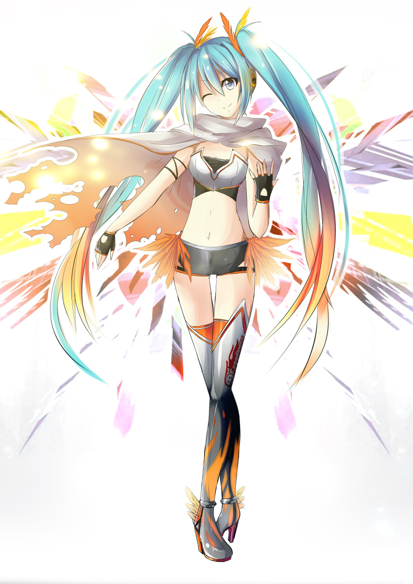 1girl ;) absurdres black_gloves black_shorts blue_eyes blue_hair boots breasts cape cleavage crop_top cutout feathers fingerless_gloves floating_hair full_body gloves gradient_hair grey_footwear hair_between_eyes hair_feathers hatsune_miku head_tilt headphones highres long_hair looking_at_viewer midriff multicolored_hair navel one_eye_closed orange_feathers orange_hair orange_legwear racing_miku racing_miku_(2016) shiny shiny_clothes short_shorts shorts small_breasts smile solo standing stomach strapless thigh_boots thighhighs torn_cape torn_clothes two-tone_hair very_long_hair vocaloid white_cape yellow_feathers yen-mi