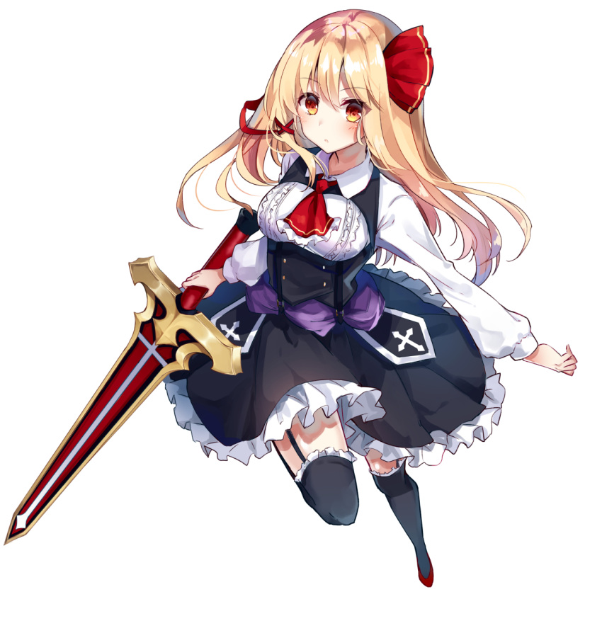 1girl black_legwear blonde_hair blush breasts brown_eyes corset cross cross_barby d: ex-rumia floating_hair frilled_legwear frilled_skirt frills garter_straps hair_between_eyes hair_ribbon highres holding holding_sword holding_weapon kisaragi_yuri long_hair looking_at_viewer medium_breasts open_mouth red_footwear red_neckwear red_ribbon ribbon rumia shirt skirt solo sword tagme touhou weapon white_shirt