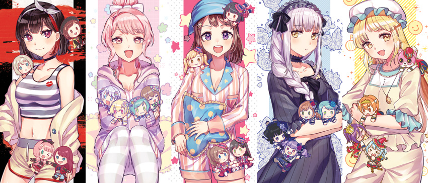 &gt;_&lt; &gt;_o 5girls :d ;d alternate_hairstyle aoba_moca aqua_hair bang_dream! bangs black_bow black_dress black_hair black_hairband blonde_hair blue_eyes blush bow braid brown_hair character_doll crop_top dress frilled_pillow frilled_sleeves frills frown grey_hair hair_bow hair_bun hair_ornament hair_ribbon hair_up hairband hanazono_tae hand_holding hand_on_hip hat hazawa_tsugumi head_scarf hikawa_hina hikawa_sayo hood hood_down hug ichigaya_arisa imai_lisa jacket jewelry kitazawa_hagumi lipstick_mark lolita_hairband looking_at_viewer maruyama_aya matsubara_kanon michelle_(bang_dream!) minato_yukina mitake_ran mob_cap multicolored_hair multiple_girls navel nightgown on_shoulder one_eye_closed open_mouth orange_hair pajamas pendant pillow purple_hair red_eyes red_hair ribbon shirasagi_chisato shirokane_rinko shirt short_hair short_shorts shorts sidelocks single_braid sitting smile smiley_face star star_pillow streaked_hair striped striped_hoodie striped_legwear striped_shirt thighhighs tiny_(tini3030) toyama_kasumi tsurumaki_kokoro u_u udagawa_ako udagawa_tomoe uehara_himari ushigome_rimi vertical-striped_shirt vertical-striped_shorts vertical_stripes wakamiya_eve white_bow white_hair white_ribbon x_hair_ornament xd yamabuki_saaya yamato_maya yellow_eyes yellow_jacket yellow_shorts