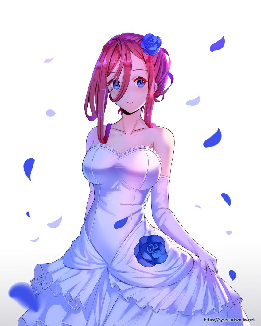 1girl bare_shoulders blue_eyes blue_flower blue_rose breasts bride collarbone dress elbow_gloves flower gloves go-toubun_no_hanayome hair_flower hair_ornament highres large_breasts looking_at_viewer making_of nakano_miku petals purple_eyes red_hair rose rose_petals smile solo strapless strapless_dress sysen updo watermark web_address wedding_dress white_background white_dress white_gloves