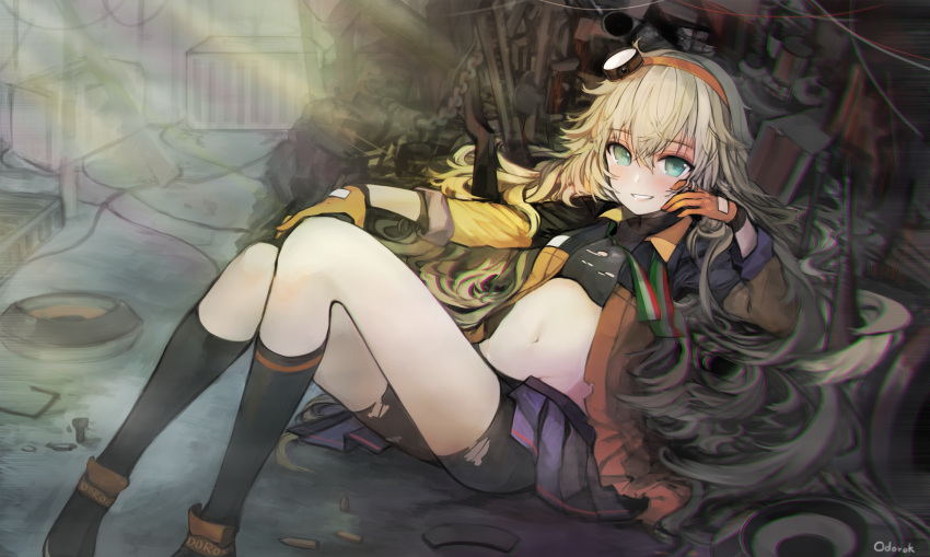 1girl absurdres aqua_eyes bangs bike_shorts black_legwear blonde_hair breasts broche_(timpet) eyebrows_visible_through_hair girls_frontline gloves hair_between_eyes hairband hand_on_own_knee highres jacket long_sleeves looking_at_viewer miniskirt navel open_clothes open_jacket open_skirt orange_gloves orange_hairband pleated_skirt purple_skirt s.a.t.8_(girls_frontline) shorts shorts_under_skirt skirt small_breasts smile socks solo torn_bike_shorts torn_clothes