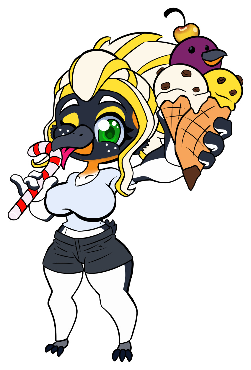 anthro arctic avian beak big_breasts big_eyes big_hands bird black_body blonde_hair bodacious breasts candy candy_cane cherry chibi clothed clothing dessert elina_rivera emperor_penguin eyelashes eyeshadow fan_character feathers female food forbiddenknights2 freckles fruit hair happy hi_res ice_cream licking makeup multicolored_body non-mammal_breasts one_eye_closed pants penguin ponytail shirt smile solo tail_feathers tongue tongue_out voluptuous white_body white_hair wide_hips wings wink