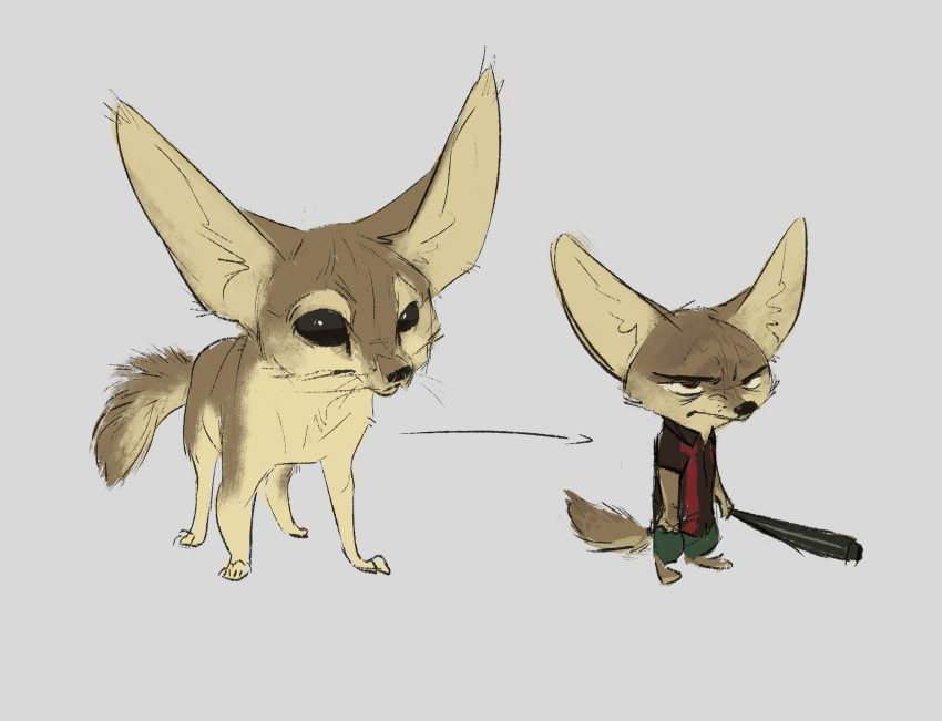 2019 anthro barefoot baseball_bat bat_(object) big_ears black_eyes brown_eyes canid canine clothed clothing comparison disney duo fennec feral finnick fox grey_background holding_object male mammal monoflax simple_background standing zootopia