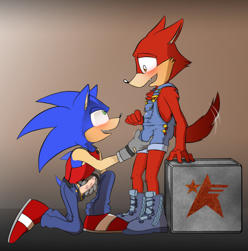 blush boots bulge clothing custom_character_(sonic_forces) duo footwear grope hi_res humanoid_penis male male/male masturbation open_pants overalls penis precum protaktyn sonic_(series) sonic_the_hedgehog