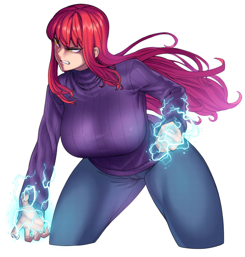 1girl bared_teeth biriri-ane_(space_jin) breasts clenched_hand cropped_legs denim electricity highres huge_breasts jeans leaning_forward long_hair original pants powering_up purple_sweater red_hair ribbed_sweater solo space_jin sweater thick_thighs thighs tsurime turtleneck yellow_eyes