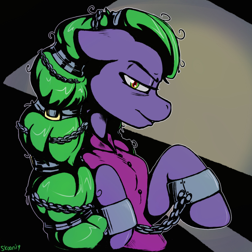 1:1 2019 bound chain clothed clothed_feral clothing digital_media_(artwork) ears_back earth_pony equid equine female feral friendship_is_magic front_view fur green_eyes green_hair hair hi_res hooves horse long_hair looking_at_viewer mammal mane-iac_(mlp) my_little_pony pink_clothing pink_shirt pink_topwear pony purple_fur shackles shirt signature skoon smile smirk solo topwear