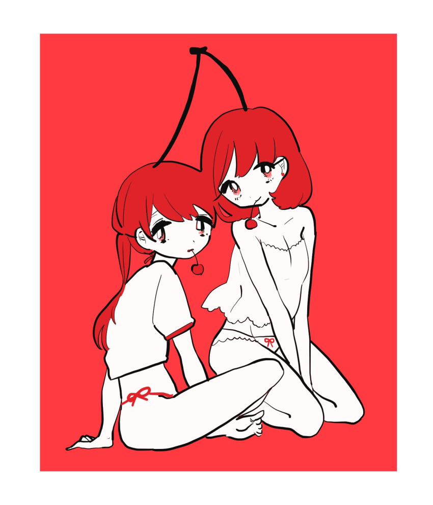 2girls bangs bare_shoulders border breasts cherry cleavage earrings food from_side fruit highres inata17ta jewelry legs_crossed limited_palette medium_hair monochrome mouth_hold multiple_girls original personification pink_eyes red_background red_earrings red_hair red_theme shirt short_sleeves sitting smile swept_bangs white_border white_shirt