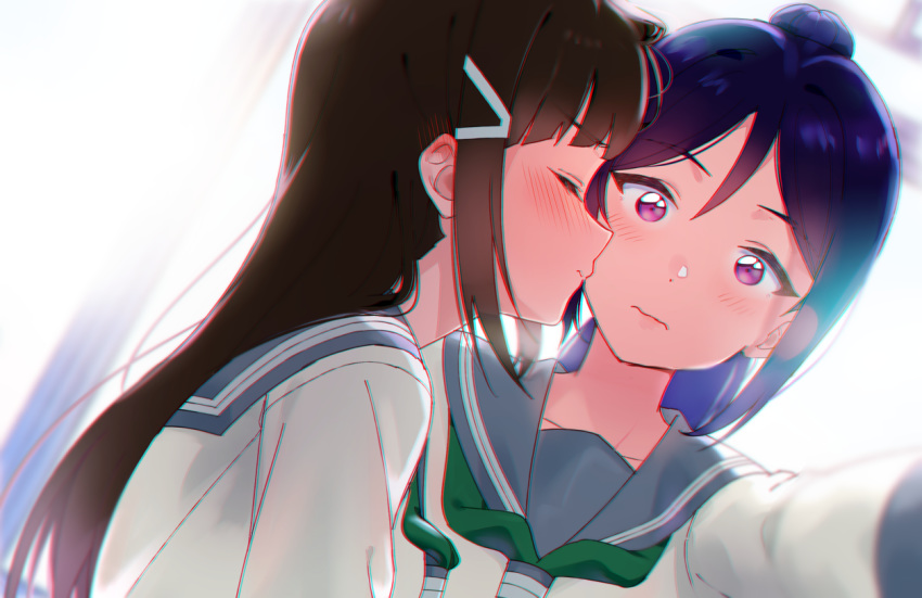 10s 2girls bangs black_hair blue_hair blush cheek_kiss dutch_angle green_neckwear hair_ornament hairclip kiss kurosawa_dia long_hair long_sleeves love_live! love_live!_sunshine!! matsuura_kanan multiple_girls neckerchief ponytail purple_eyes school_uniform self_shot sellel serafuku upper_body uranohoshi_school_uniform wavy_mouth yuri