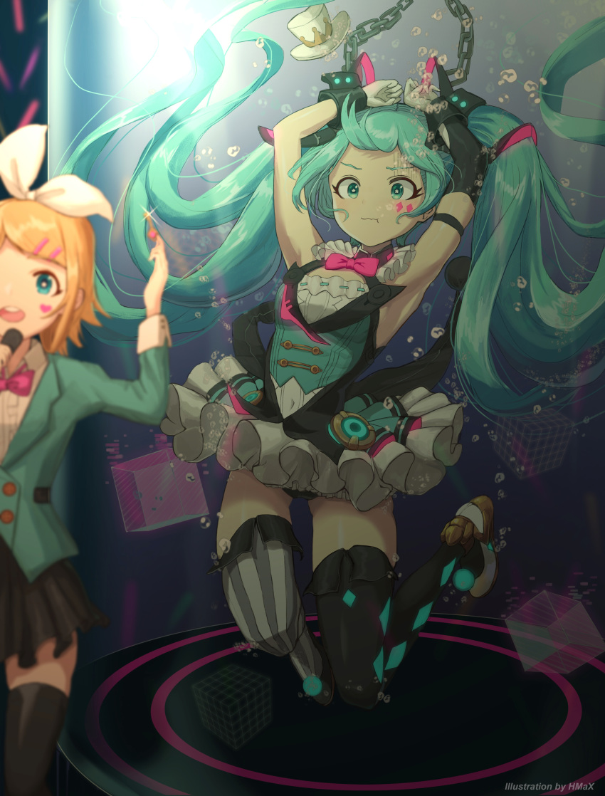 absurdres aqua_eyes aqua_hair armpits asymmetrical_legwear bare_shoulders blonde_hair blurry blurry_foreground bow bubble chinese_commentary commentary_request cuffs depth_of_field diamond_(shape) facial_tattoo formal frilled_skirt frills hair_bow hair_ornament hairclip hat hatsune_miku heart highres hmax holding_breath holding_key kagamine_rin long_hair magic_trick magical_mirai_(vocaloid) mini_hat mini_top_hat restrained shackles shirt short_hair skirt sleeveless sleeveless_shirt suit tattoo thighhighs top_hat twintails underwater very_long_hair vocaloid water_tank wide-eyed zettai_ryouiki