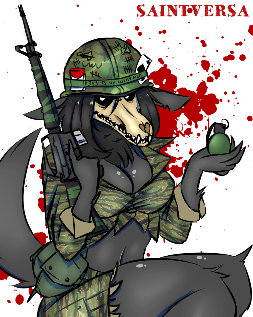 absurd_res ace_of_spades assault_rifle black_fur blood breasts camo canid canine cleavage clothed clothing demon explosives fur gi grenade gun hi_res m16 mal0 mammal military pose ranged_weapon rifle saintversa scp-1471 scp_foundation skull soldier tactical trigger_discipline united_states_of_america uwu vietnam weapon