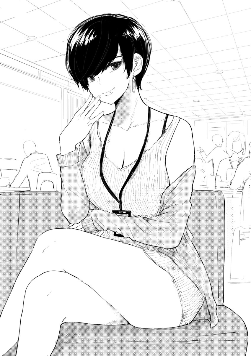 1girl badge bangs bare_shoulders black_hair bra_strap ceiling chair closed_mouth collarbone couch desk dress earrings greyscale highres id_card indoors jewelry legs_crossed looking_at_viewer monitor monochrome name_tag necklace norman_maggot off_shoulder olive_laurentia pixie_cut ribbed_dress short_hair smile tile_ceiling tiles