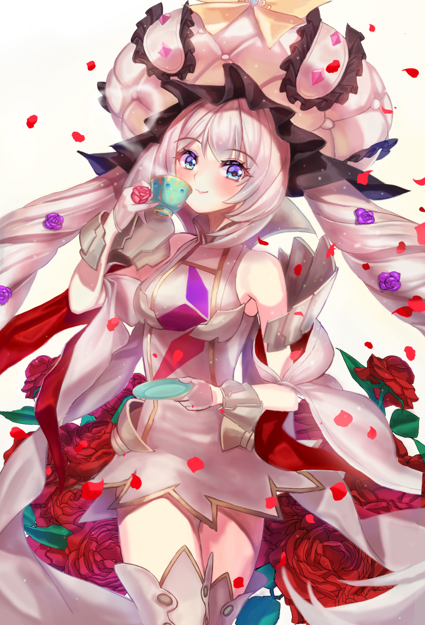 1girl absurdres blue_eyes blush boots breasts cowboy_shot cup dress drill_hair eyebrows_visible_through_hair fate/grand_order fate_(series) floating_hair flower gloves grey_dress grey_footwear hair_flower hair_ornament half_gloves hat heart_steam highres holding holding_cup kuro_(ning2763) long_hair looking_at_viewer marie_antoinette_(fate/grand_order) medium_breasts petals pixiv_fate/grand_order_contest_2 purple_flower red_flower red_rose rose short_dress silver_hair sleeveless sleeveless_dress smile solo standing steam teacup thigh_boots thighhighs twin_drills very_long_hair white_background white_gloves white_headwear