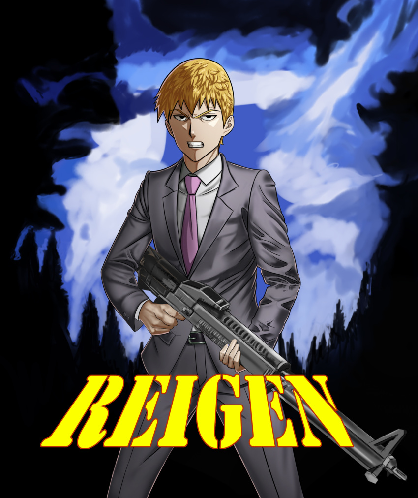 1boy blonde_hair clenched_teeth commentary_request formal gun highres holding holding_gun holding_weapon light_machine_gun male_focus mob_psycho_100 necktie parody rambo reigen_arataka solo suit taka_(takahirokun) teeth weapon