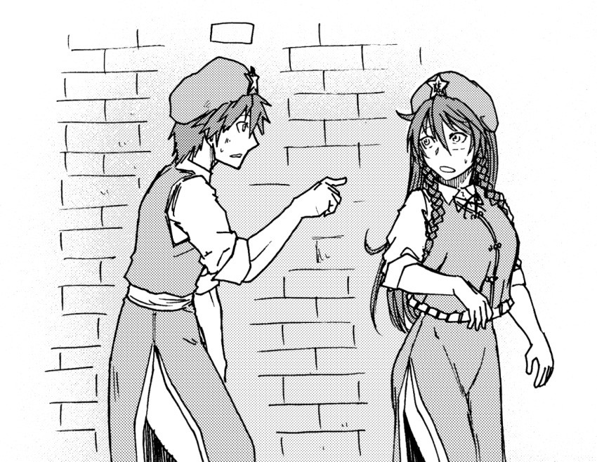 1boy 1girl breasts china_dress chinese_clothes collar collared_shirt commentary commentary_request dress eyebrows_visible_through_hair full_body genderswap genderswap_(ftm) hair_between_eyes hat hong_meiling koyubi_(littlefinger1988) large_breasts muscle open_mouth pointing pointing_finger scar shirt short_hair sleeves_rolled_up star surprised sweat sweatdrop tangzhuang tongue touhou translation_request upper_body wall waving waving_arm white_background white_shirt