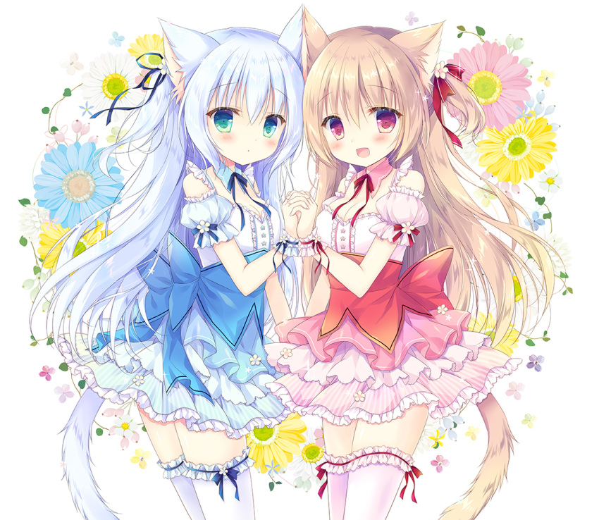 2girls :d animal_ear_fluff animal_ears bangs blue_flower blue_hair blue_skirt blue_sleeves blush cat_ears cat_girl cat_tail commentary_request detached_sleeves eyebrows_visible_through_hair flower frilled_legwear frilled_skirt frills green_eyes hair_between_eyes hasekura_chiaki light_brown_hair long_hair looking_at_viewer multiple_girls open_mouth original pink_skirt pink_sleeves pleated_skirt puffy_short_sleeves puffy_sleeves red_eyes red_flower shirt short_sleeves skirt smile striped tail thighhighs vertical-striped_skirt vertical_stripes very_long_hair white_flower white_legwear white_shirt wrist_cuffs yellow_flower