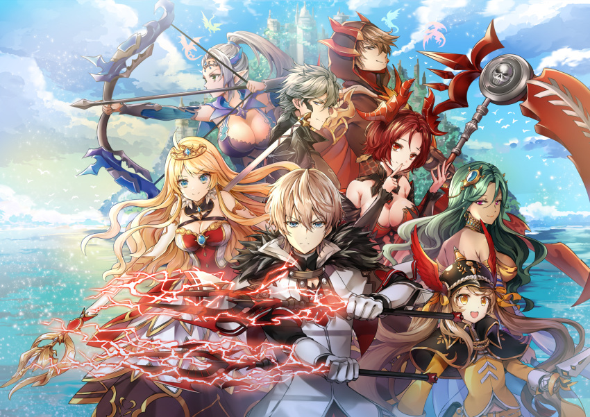 3boys 5girls :d ahoge animal artemia_(king's_raid) back bare_shoulders bird black_capelet blonde_hair blue_eyes blue_sky breasts brown_eyes brown_hair building capelet chase_(king's_raid) cleavage closed_mouth cloud cloudy_sky crown dagger day demon_horns dragon dress dual_wielding epis_(king's_raid) finger_to_mouth flock fur_collar gauntlets gloves green_eyes green_hair grey_hair hair_ornament helmet highres holding holding_dagger holding_scythe holding_spear holding_staff holding_weapon hood horns index_finger_raised king's_raid large_breasts laudia_(king's_raid) lightning long_hair long_sleeves looking_at_viewer melings_(aot2846) multiple_boys multiple_girls open_mouth orange_shirt outdoors polearm profile purple_eyes red_dress red_eyes reina_(king's_raid) roi_(king's_raid) scythe selene_(king's_raid) shirt short_hair silver_hair sky smile spear staff standing strapless strapless_dress theo_(king's_raid) v-shaped_eyebrows very_long_hair wavy_hair weapon white_coat white_gloves winged_helmet yellow_eyes